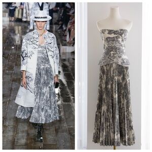 Christian Dior S/S 2019 Grey Toile De Jouy Print Corset Pleated Dress